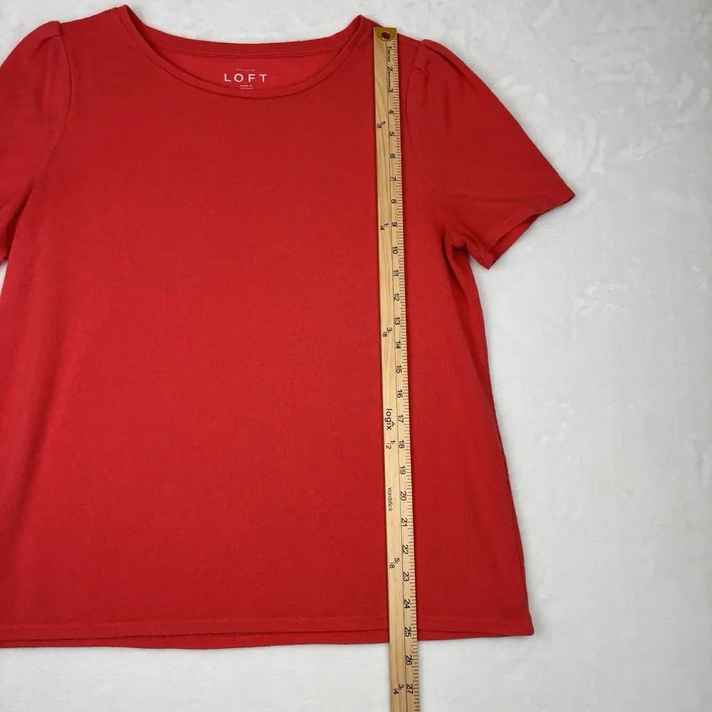 LOFT Puff Sleeve Shirt Women’s Large Coral Short Sleeve Round Neck Lightweight